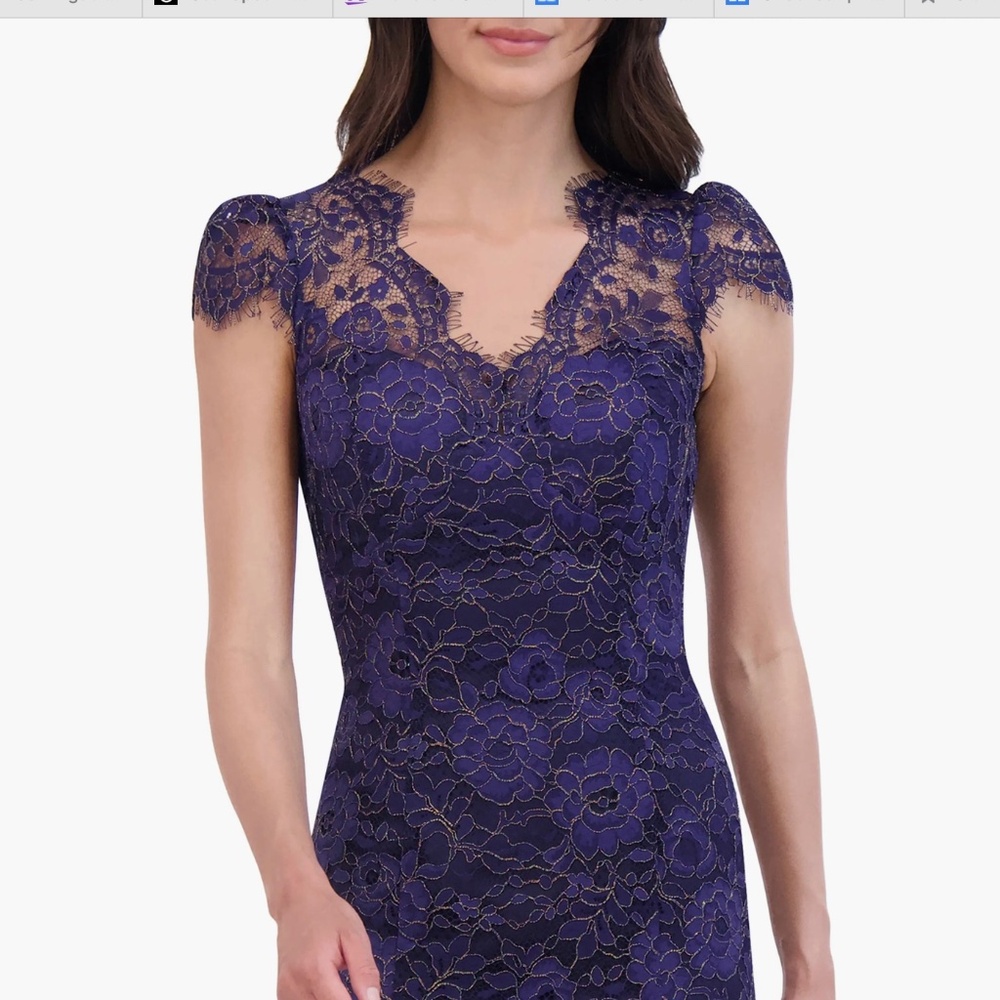 NWT Eliza J Blue Lace Cap Sleeve V-Neck trumpet Gown dress NAVY GOLD